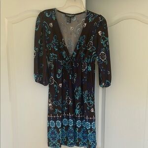 Fun Brown and Blue Puff Sleeve Mini Sundress